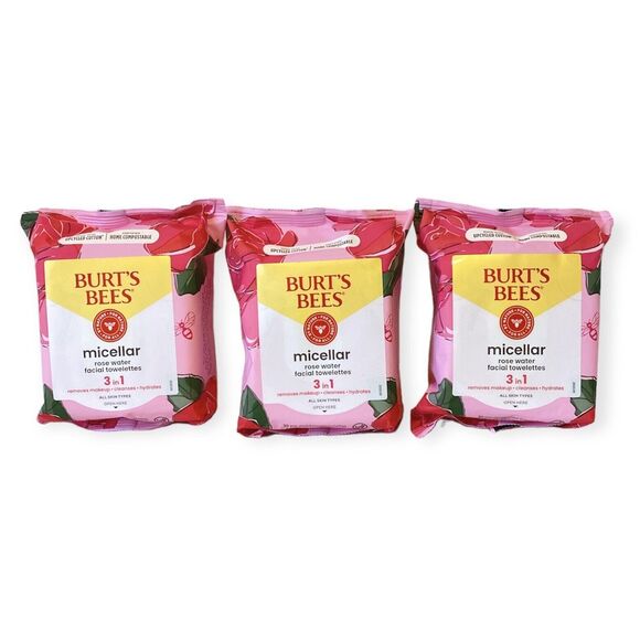 BURT'S BEES Micellar Cleansing Towelettes with Rose Water 3 PACKS Makeup Remover - Picture 1 of 4